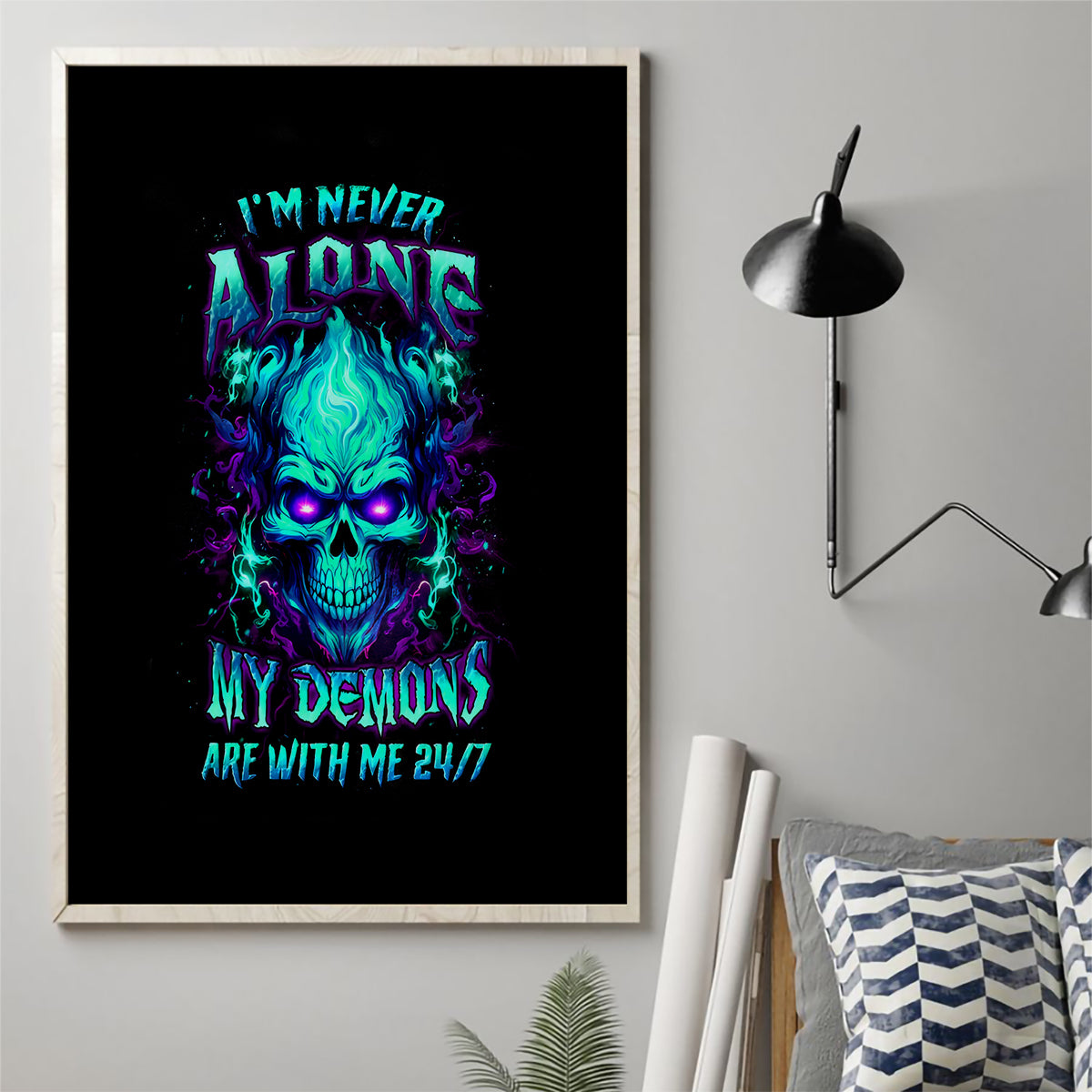 Flame Skull Canvas Wall Art I'm Never Alone My Demons With Me 24/7 - Wonder Print Shop