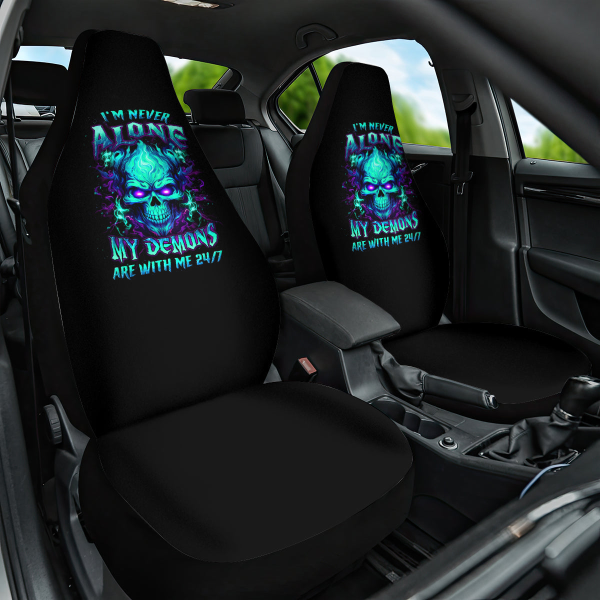 Flame Skull Car Seat Cover I'm Never Alone My Demons With Me 24/7 - Wonder Print Shop