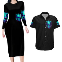 Flame Skull Couples Matching Long Sleeve Bodycon Dress and Hawaiian Shirt I'm Never Alone My Demons With Me 24/7 - Wonder Print Shop