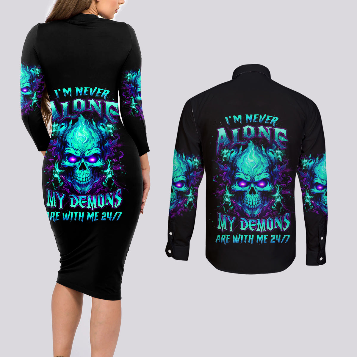 Flame Skull Couples Matching Long Sleeve Bodycon Dress and Long Sleeve Button Shirt I'm Never Alone My Demons With Me 24/7 - Wonder Print Shop