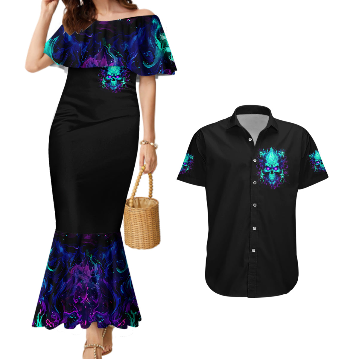Flame Skull Couples Matching Mermaid Dress and Hawaiian Shirt I'm Never Alone My Demons With Me 24/7 - Wonder Print Shop