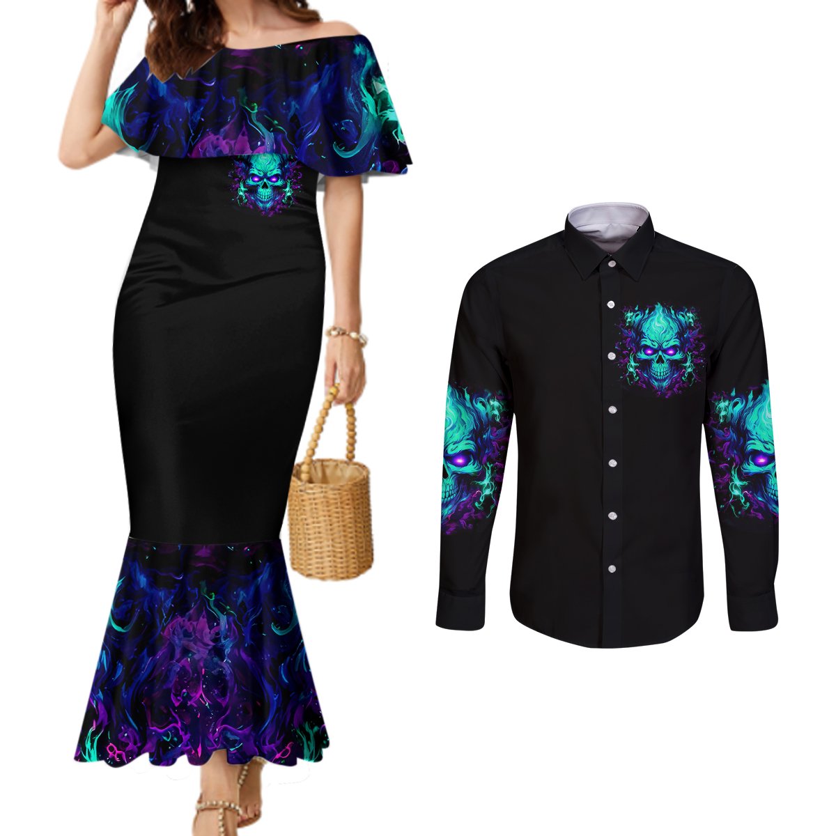 Flame Skull Couples Matching Mermaid Dress and Long Sleeve Button Shirt I'm Never Alone My Demons With Me 24/7 DT01