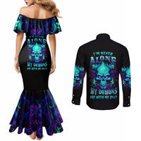 Flame Skull Couples Matching Mermaid Dress and Long Sleeve Button Shirt I'm Never Alone My Demons With Me 24/7 DT01