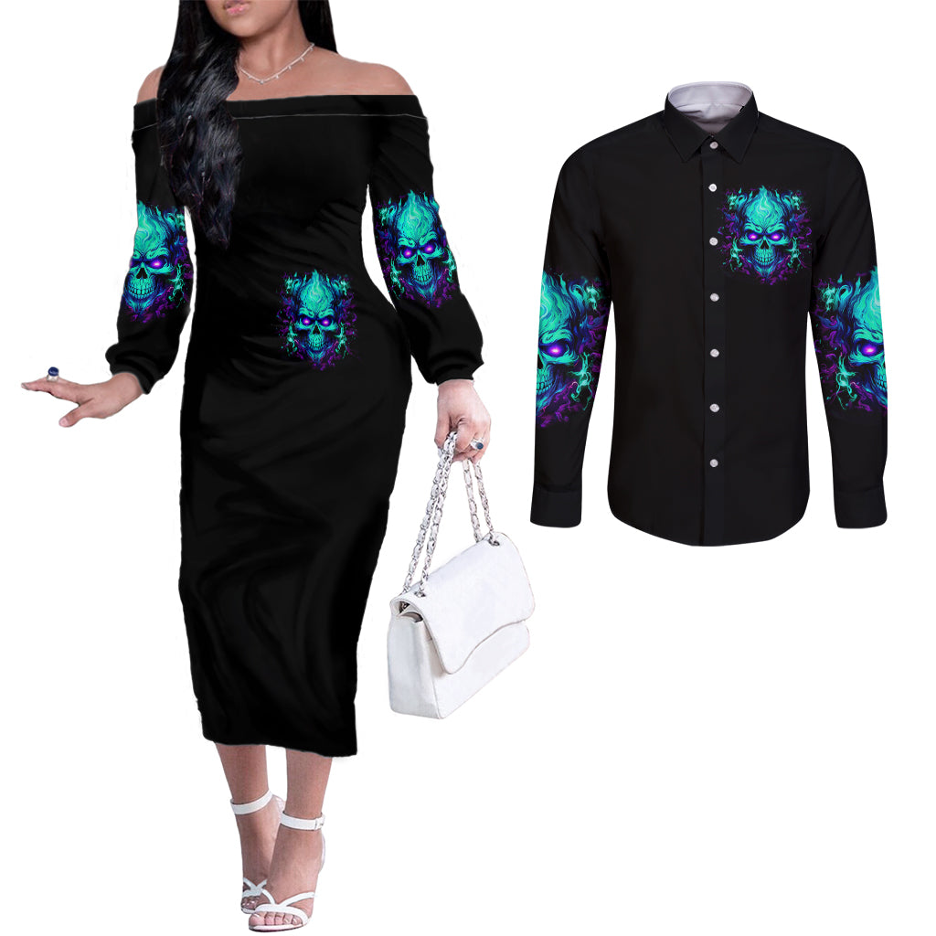 Flame Skull Couples Matching Off The Shoulder Long Sleeve Dress and Long Sleeve Button Shirt I'm Never Alone My Demons With Me 24/7 DT01