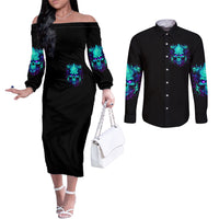 Flame Skull Couples Matching Off The Shoulder Long Sleeve Dress and Long Sleeve Button Shirt I'm Never Alone My Demons With Me 24/7 DT01
