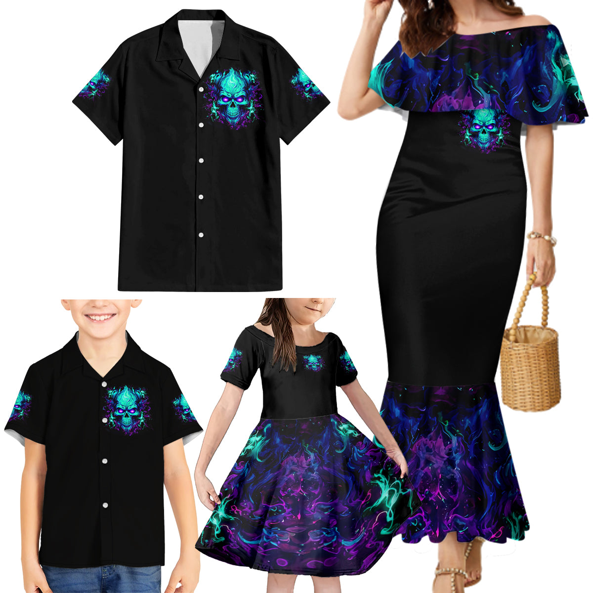 Flame Skull Family Matching Mermaid Dress and Hawaiian Shirt I'm Never Alone My Demons With Me 24/7 - Wonder Print Shop