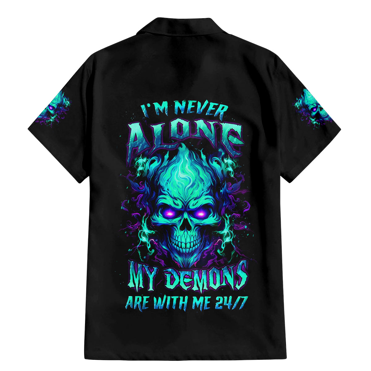 Flame Skull Family Matching Mermaid Dress and Hawaiian Shirt I'm Never Alone My Demons With Me 24/7 - Wonder Print Shop