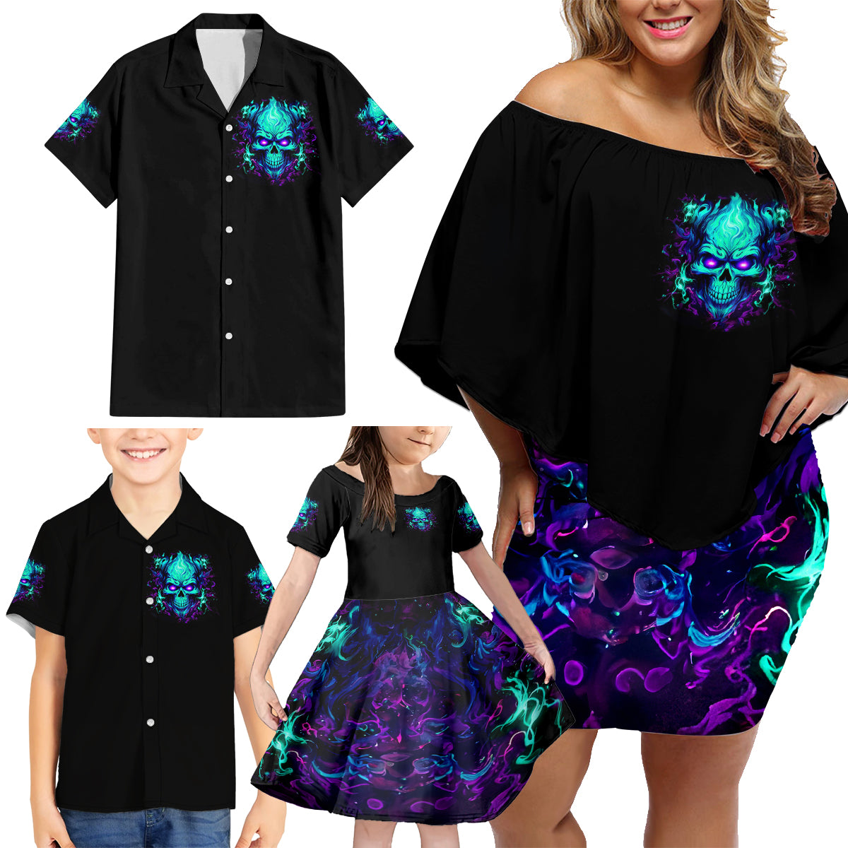 Flame Skull Family Matching Off Shoulder Short Dress and Hawaiian Shirt I'm Never Alone My Demons With Me 24/7 - Wonder Print Shop