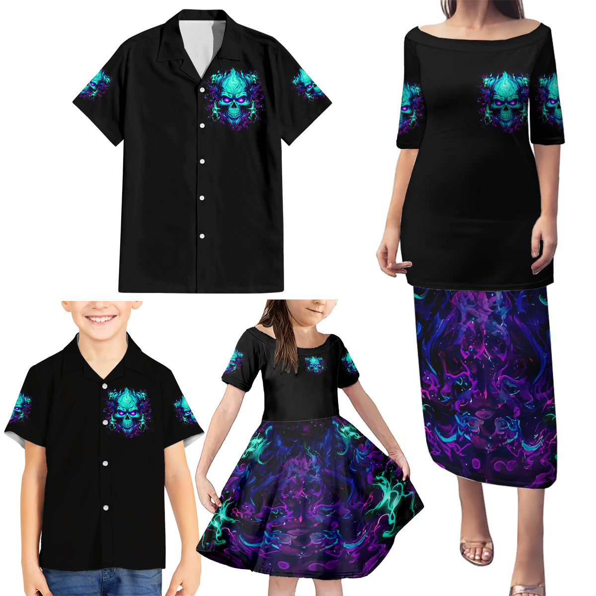 Flame Skull Family Matching Puletasi Dress and Hawaiian Shirt I'm Never Alone My Demons With Me 24/7 - Wonder Print Shop