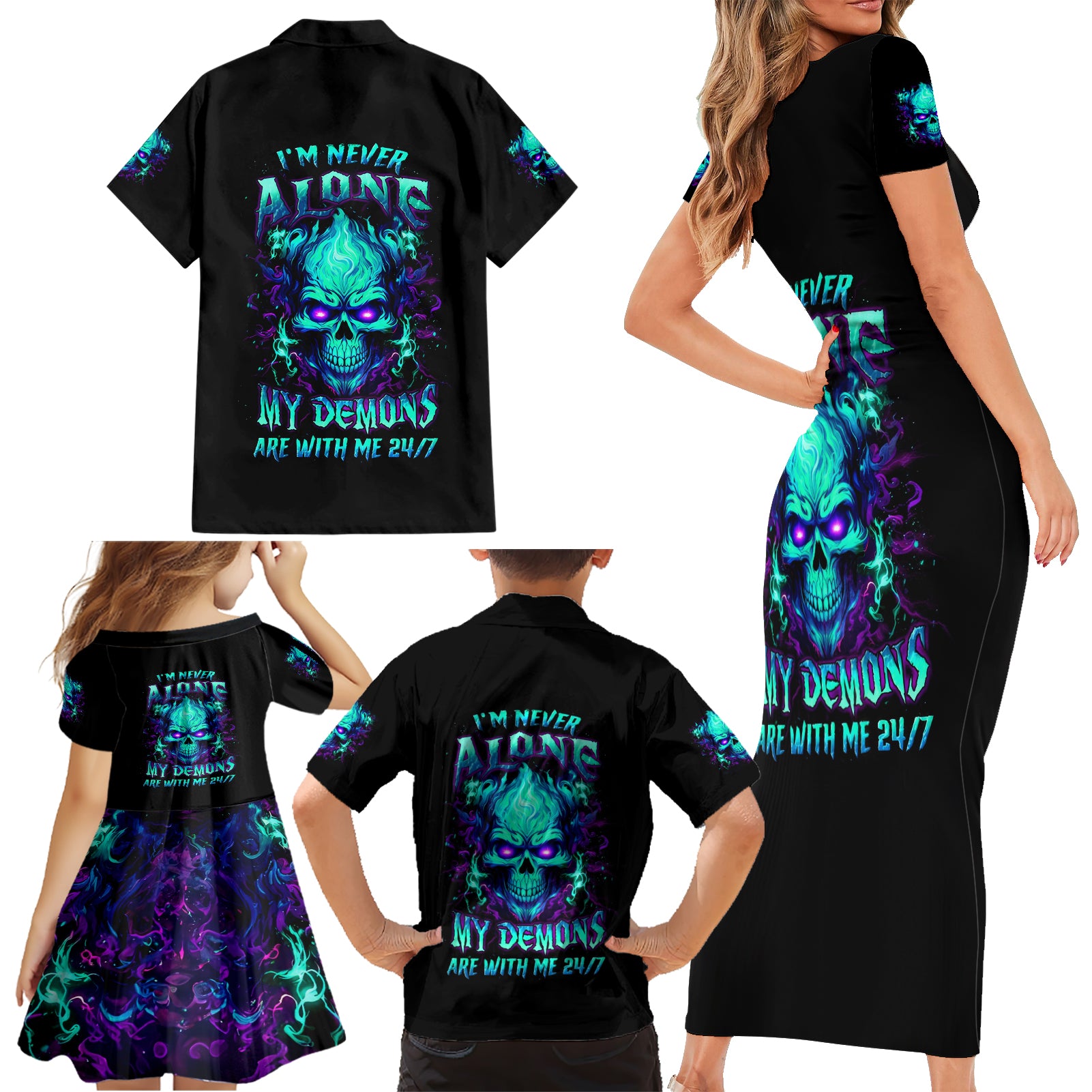 Flame Skull Family Matching Short Sleeve Bodycon Dress and Hawaiian Shirt I'm Never Alone My Demons With Me 24/7 - Wonder Print Shop