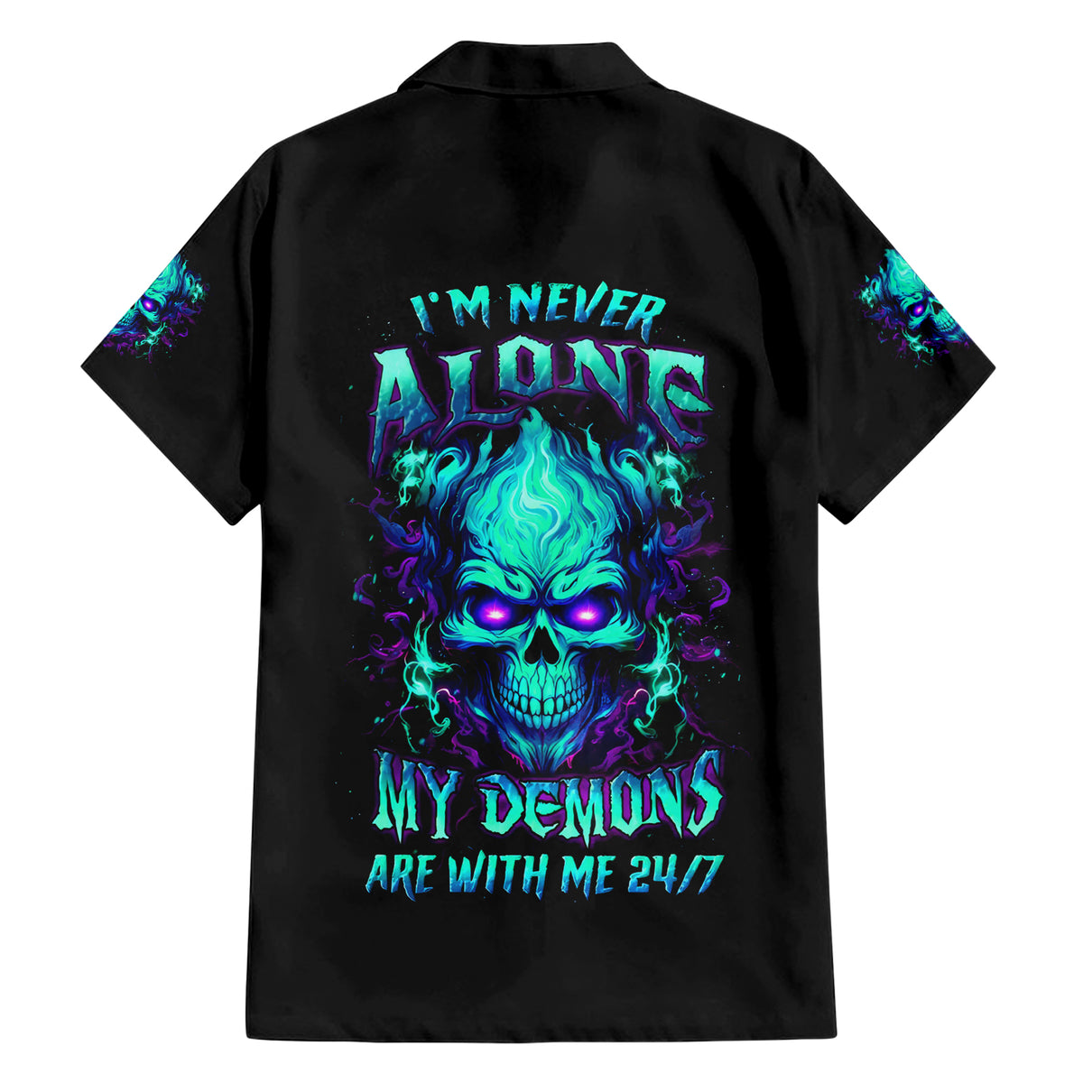 Flame Skull Family Matching Short Sleeve Bodycon Dress and Hawaiian Shirt I'm Never Alone My Demons With Me 24/7 - Wonder Print Shop