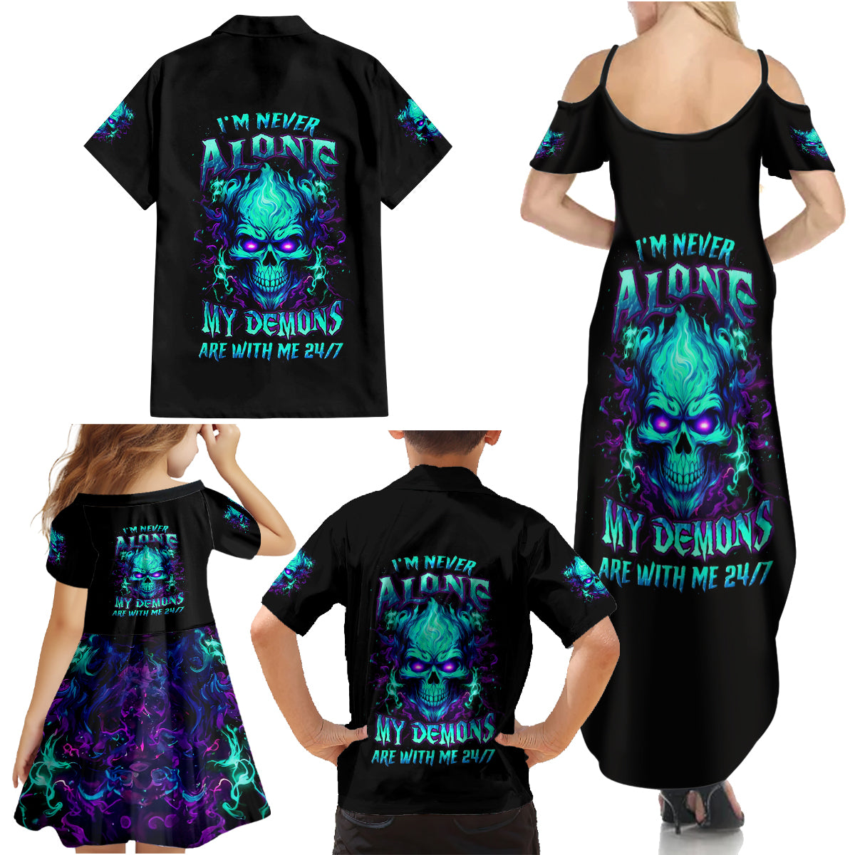 Flame Skull Family Matching Summer Maxi Dress and Hawaiian Shirt I'm Never Alone My Demons With Me 24/7 - Wonder Print Shop