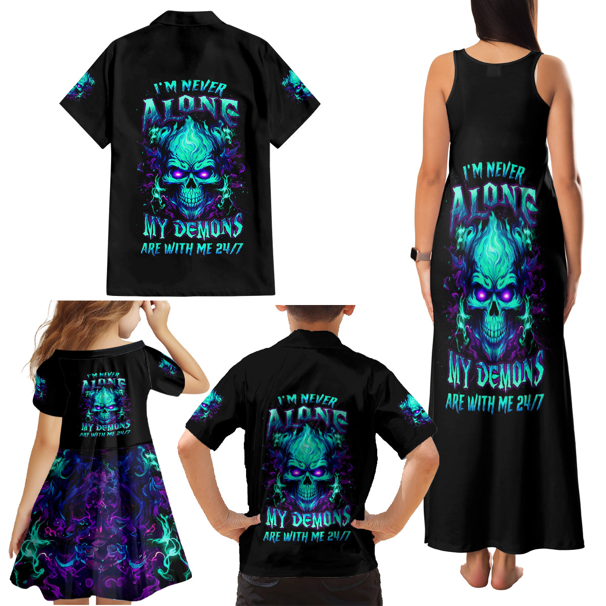 Flame Skull Family Matching Tank Maxi Dress and Hawaiian Shirt I'm Never Alone My Demons With Me 24/7 - Wonder Print Shop