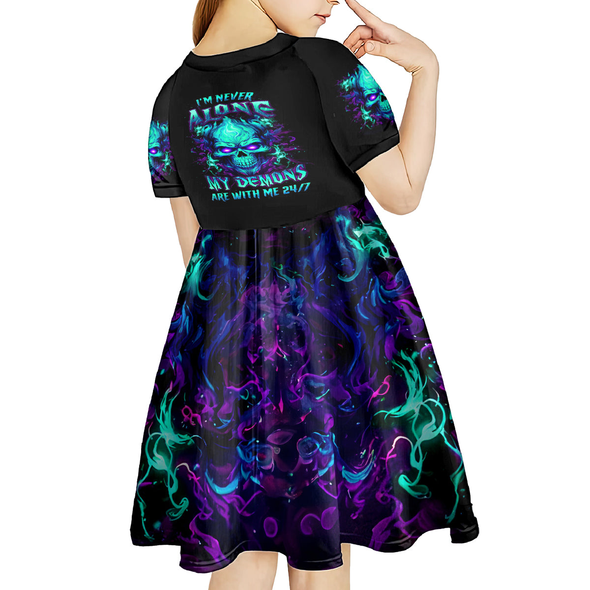 Flame Skull Kid Short Sleeve Dress I'm Never Alone My Demons With Me 24/7 - Wonder Print Shop