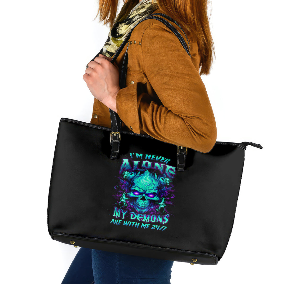 Flame Skull Leather Tote Bag I'm Never Alone My Demons With Me 24/7 - Wonder Print Shop