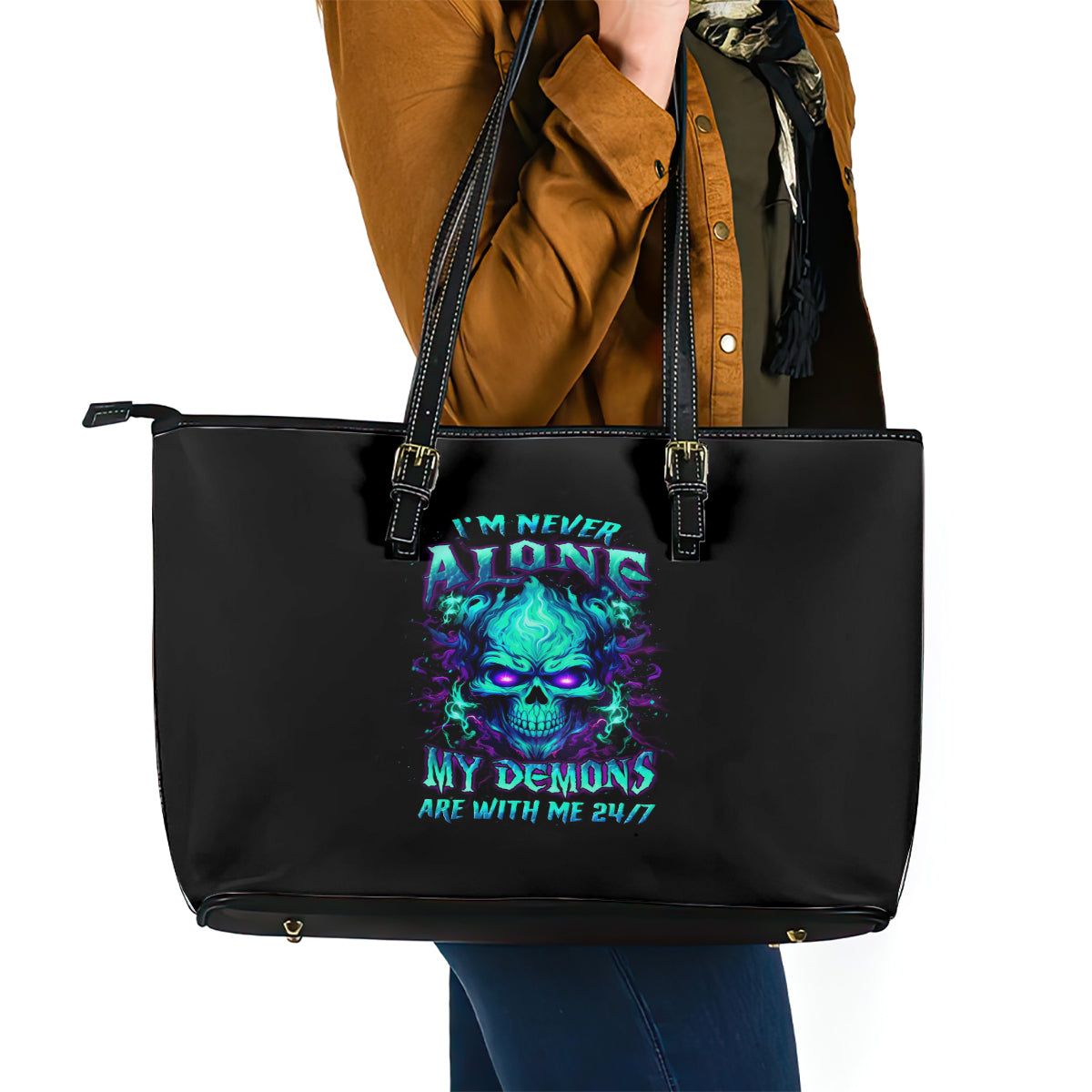 Flame Skull Leather Tote Bag I'm Never Alone My Demons With Me 24/7 - Wonder Print Shop