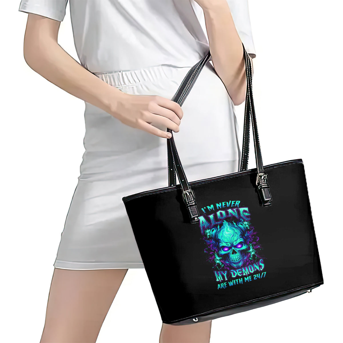 Flame Skull Leather Tote Bag I'm Never Alone My Demons With Me 24/7 - Wonder Print Shop