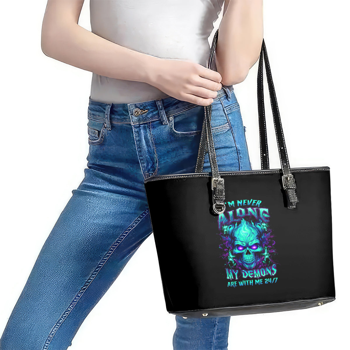 Flame Skull Leather Tote Bag I'm Never Alone My Demons With Me 24/7 - Wonder Print Shop