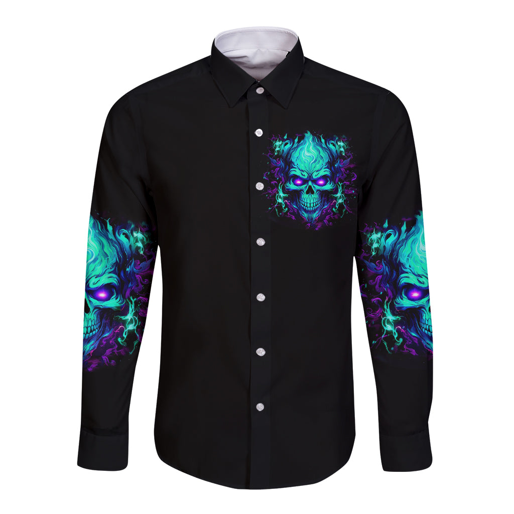 Flame Skull Long Sleeve Button Shirt I'm Never Alone My Demons With Me 24/7 - Wonder Print Shop