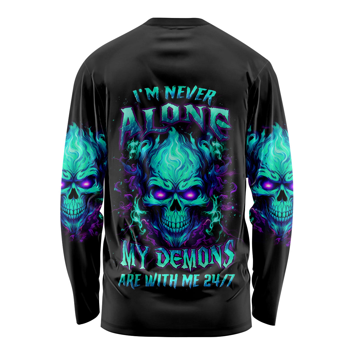 Flame Skull Long Sleeve Shirt I'm Never Alone My Demons With Me 24/7 - Wonder Print Shop