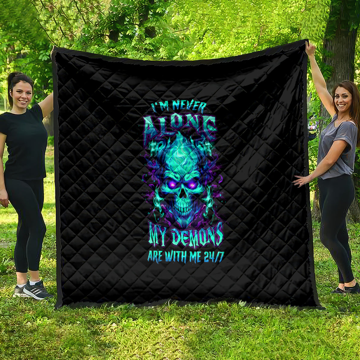 Flame Skull Quilt I'm Never Alone My Demons With Me 24/7 - Wonder Print Shop