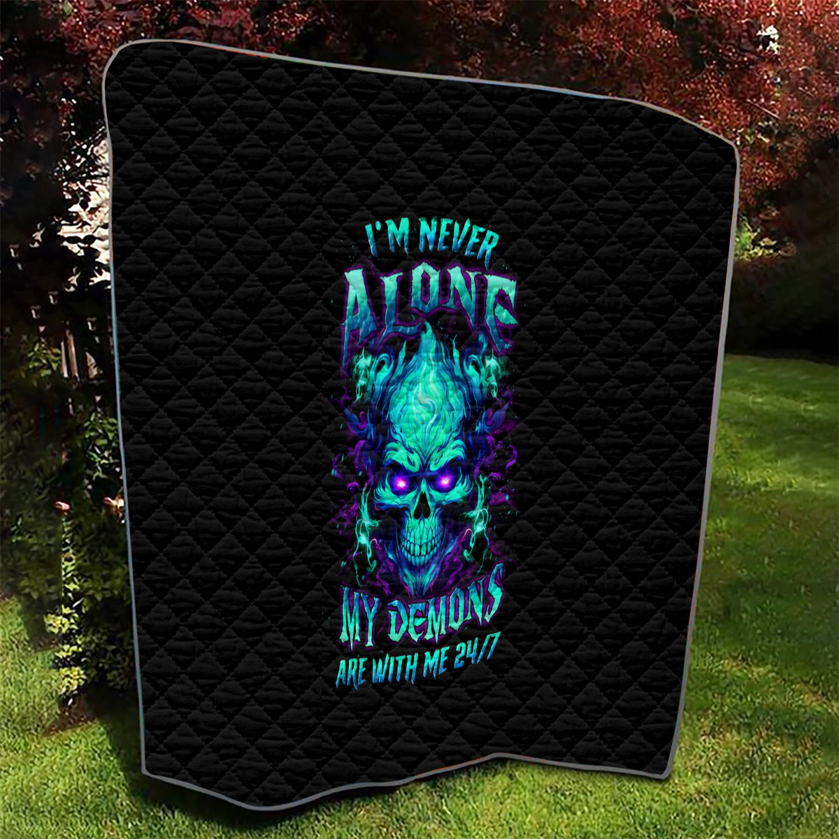 Flame Skull Quilt I'm Never Alone My Demons With Me 24/7 - Wonder Print Shop