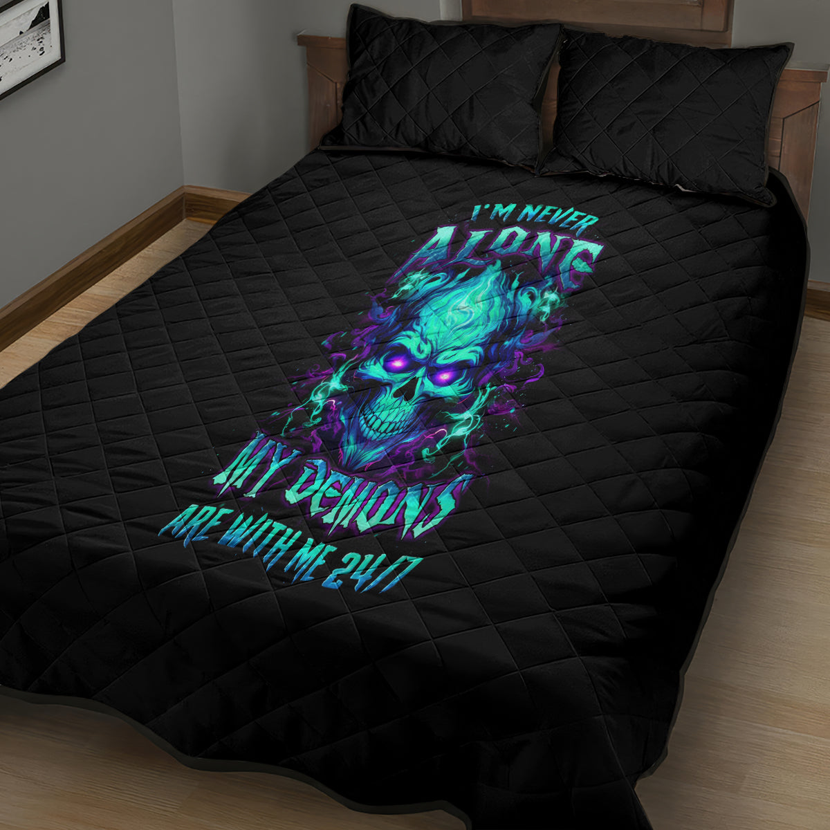 Flame Skull Quilt Bed Set I'm Never Alone My Demons With Me 24/7 - Wonder Print Shop