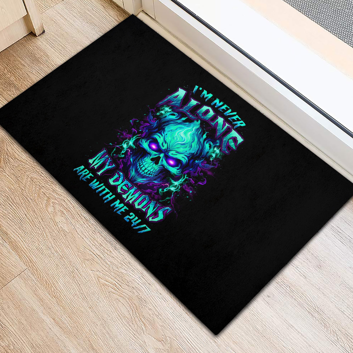 Flame Skull Rubber Doormat I'm Never Alone My Demons With Me 24/7 - Wonder Print Shop