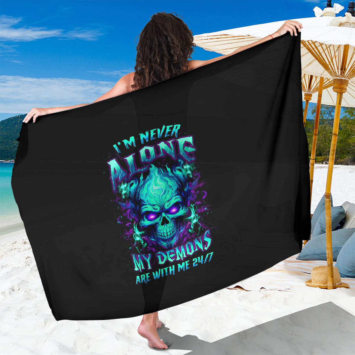 Flame Skull Sarong I'm Never Alone My Demons With Me 24/7 - Wonder Print Shop