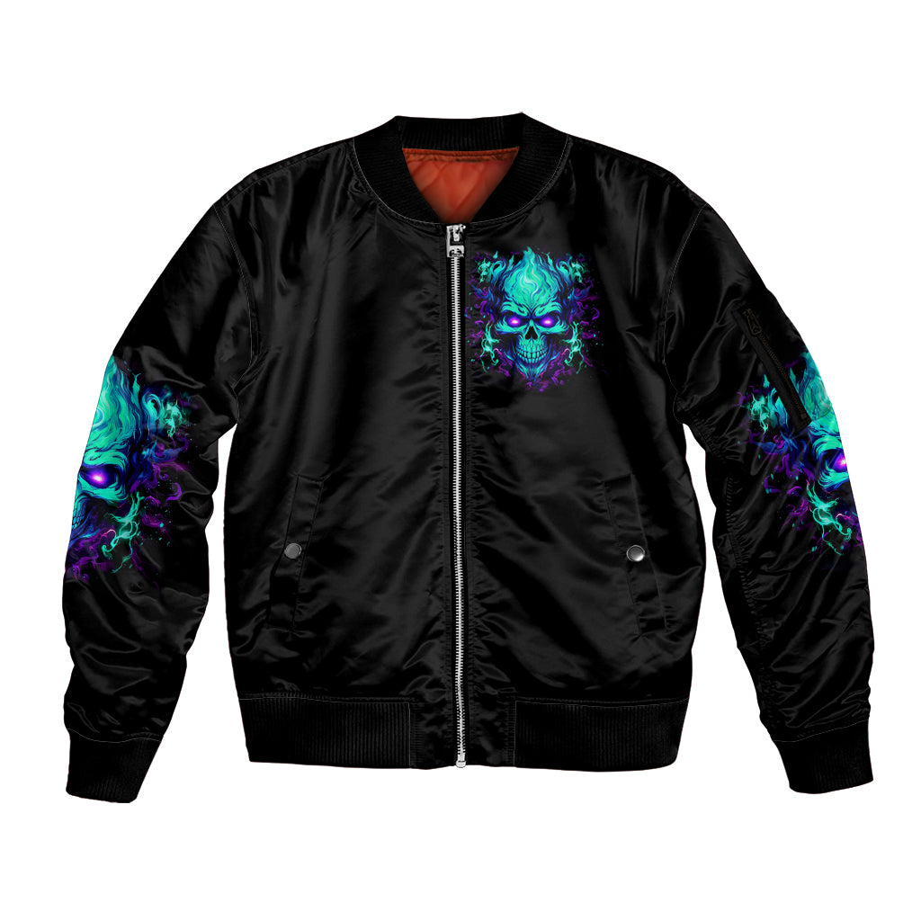 Flame Skull Sleeve Zip Bomber Jacket I'm Never Alone My Demons With Me 24/7 - Wonder Print Shop