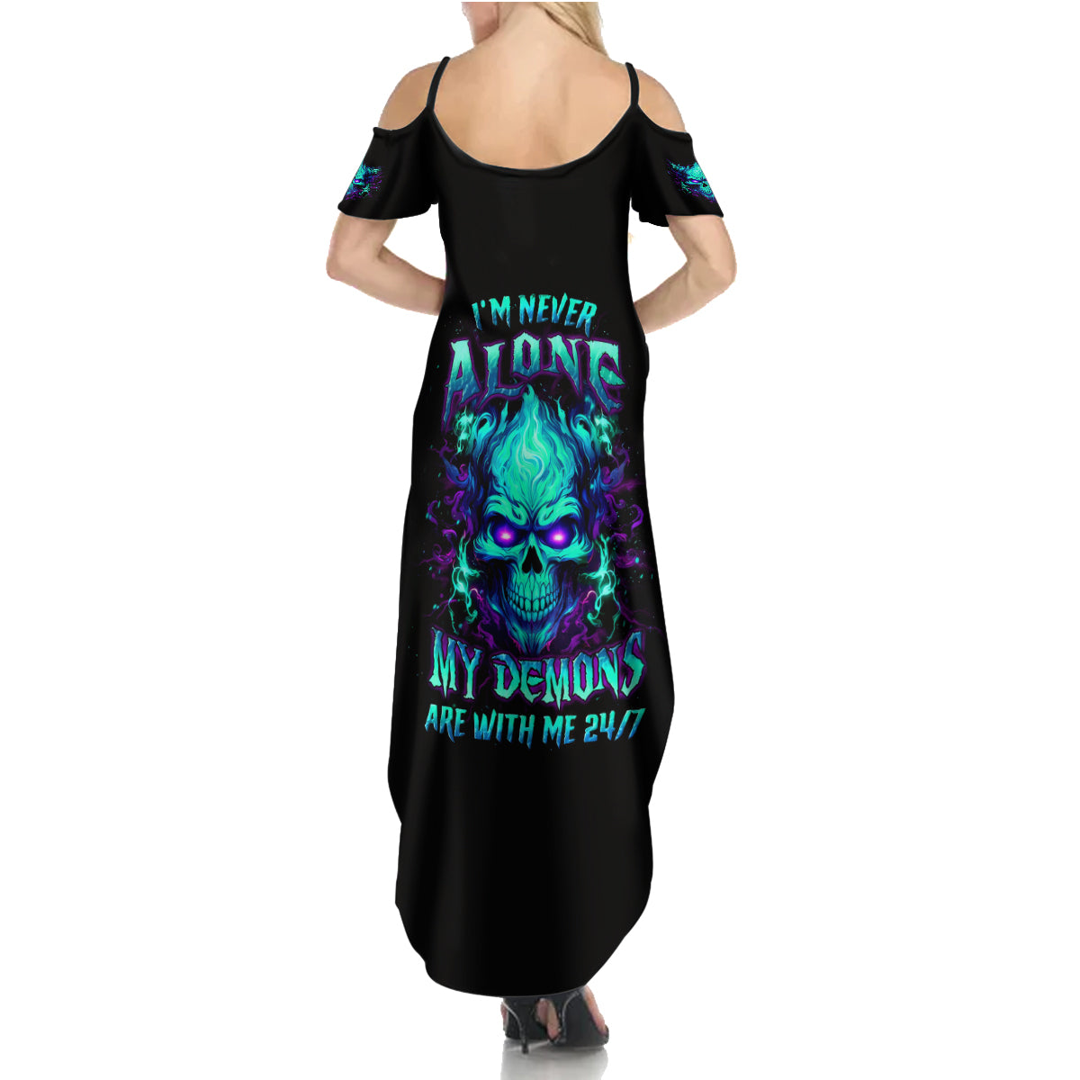 Flame Skull Summer Maxi Dress I'm Never Alone My Demons With Me 24/7 - Wonder Print Shop