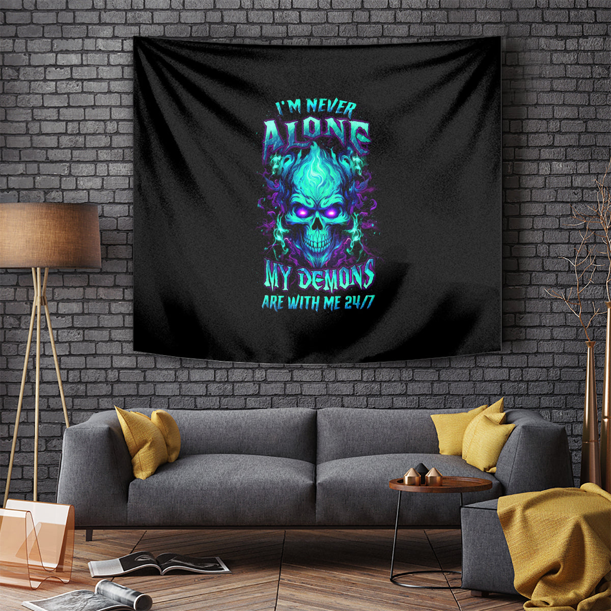 Flame Skull Tapestry I'm Never Alone My Demons With Me 24/7 - Wonder Print Shop