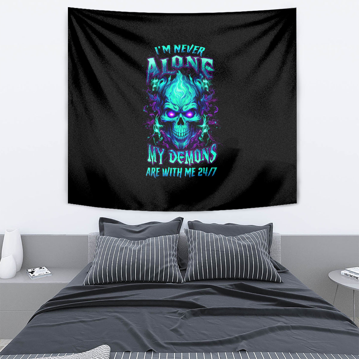 Flame Skull Tapestry I'm Never Alone My Demons With Me 24/7 - Wonder Print Shop