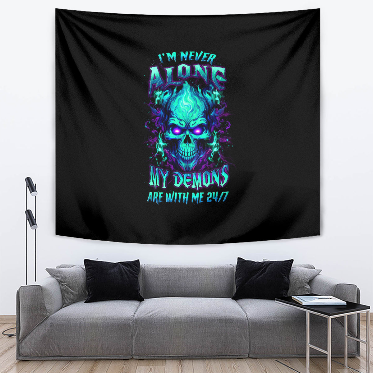 Flame Skull Tapestry I'm Never Alone My Demons With Me 24/7 - Wonder Print Shop