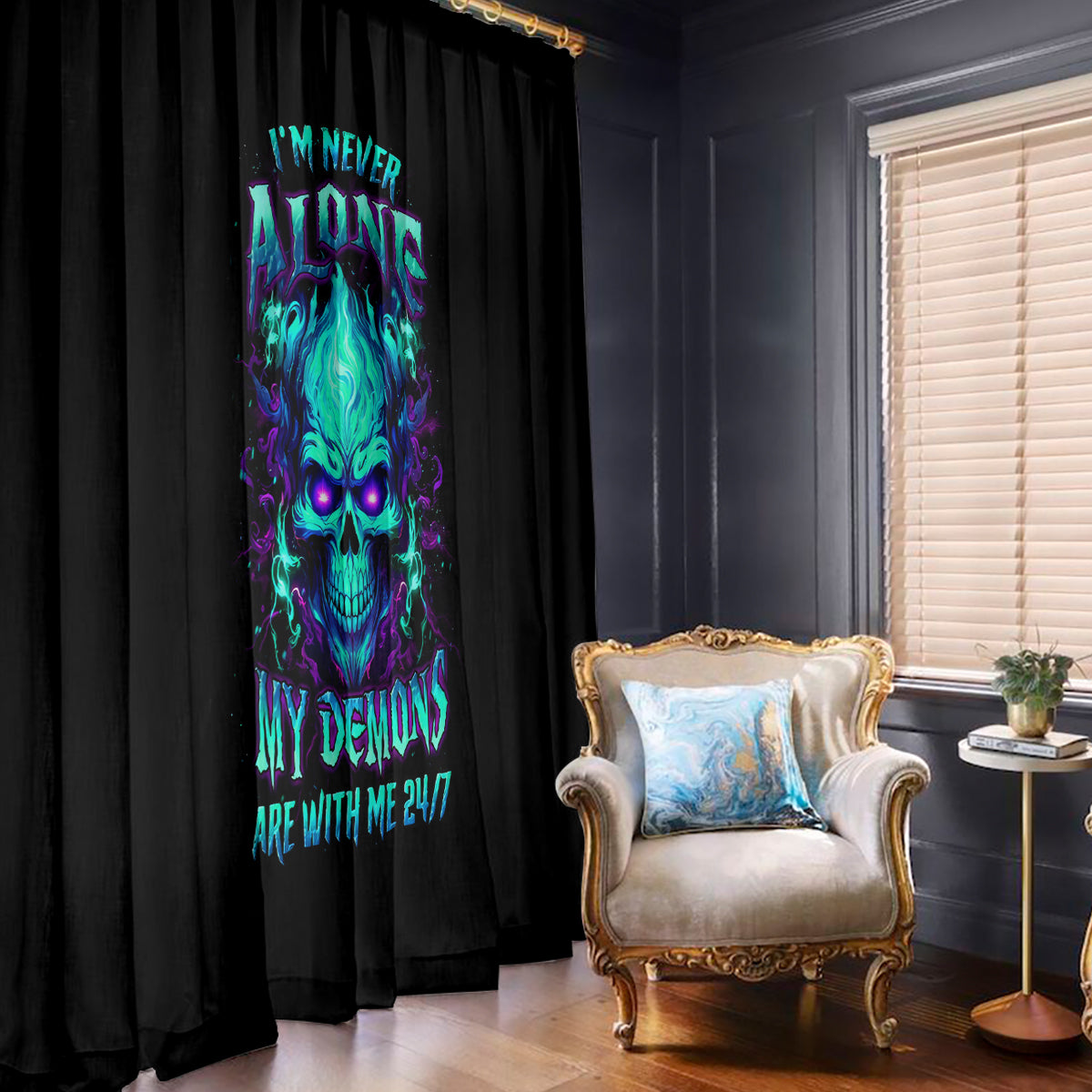 Flame Skull Window Curtain I'm Never Alone My Demons With Me 24/7 - Wonder Print Shop