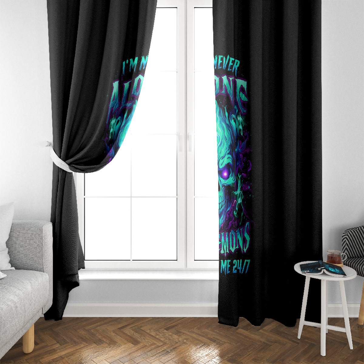 Flame Skull Window Curtain I'm Never Alone My Demons With Me 24/7 - Wonder Print Shop