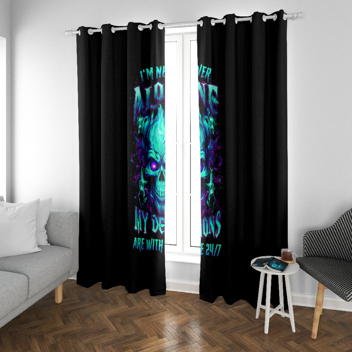 Flame Skull Window Curtain I'm Never Alone My Demons With Me 24/7 - Wonder Print Shop