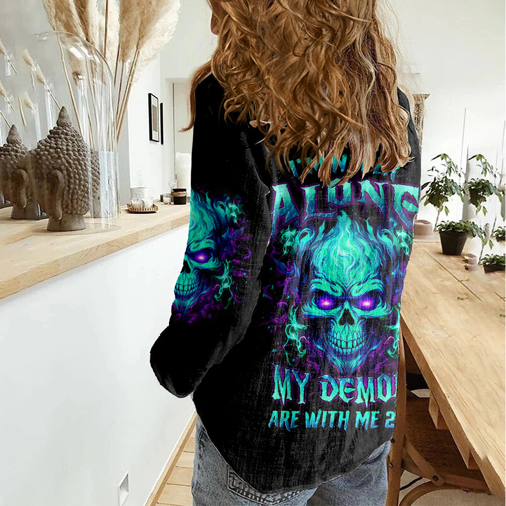 Flame Skull Women Casual Shirt I'm Never Alone My Demons With Me 24/7 - Wonder Print Shop