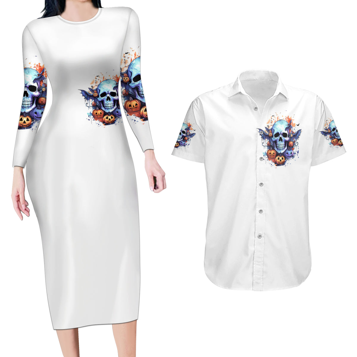 Bat Skull Couples Matching Long Sleeve Bodycon Dress and Hawaiian Shirt I Talk I Smile But Be Carefull When I Silent - Wonder Print Shop