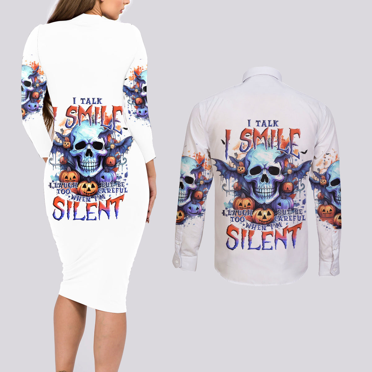 Bat Skull Couples Matching Long Sleeve Bodycon Dress and Long Sleeve Button Shirt I Talk I Smile But Be Carefull When I Silent - Wonder Print Shop