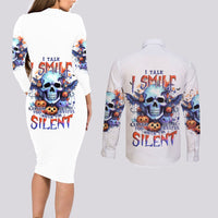 Bat Skull Couples Matching Long Sleeve Bodycon Dress and Long Sleeve Button Shirt I Talk I Smile But Be Carefull When I Silent - Wonder Print Shop