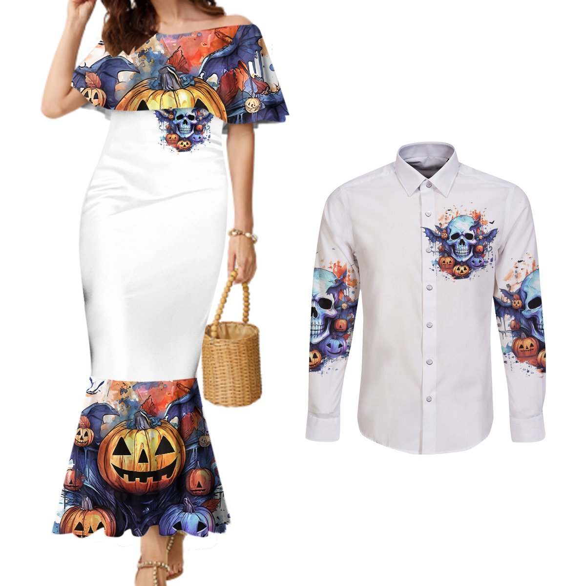 Bat Skull Couples Matching Mermaid Dress and Long Sleeve Button Shirt I Talk I Smile But Be Carefull When I Silent DT01