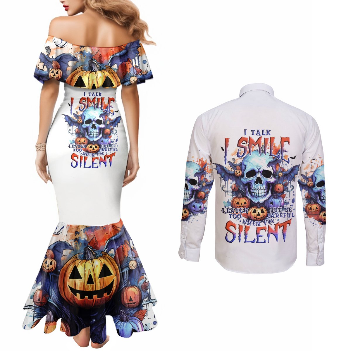 Bat Skull Couples Matching Mermaid Dress and Long Sleeve Button Shirt I Talk I Smile But Be Carefull When I Silent DT01