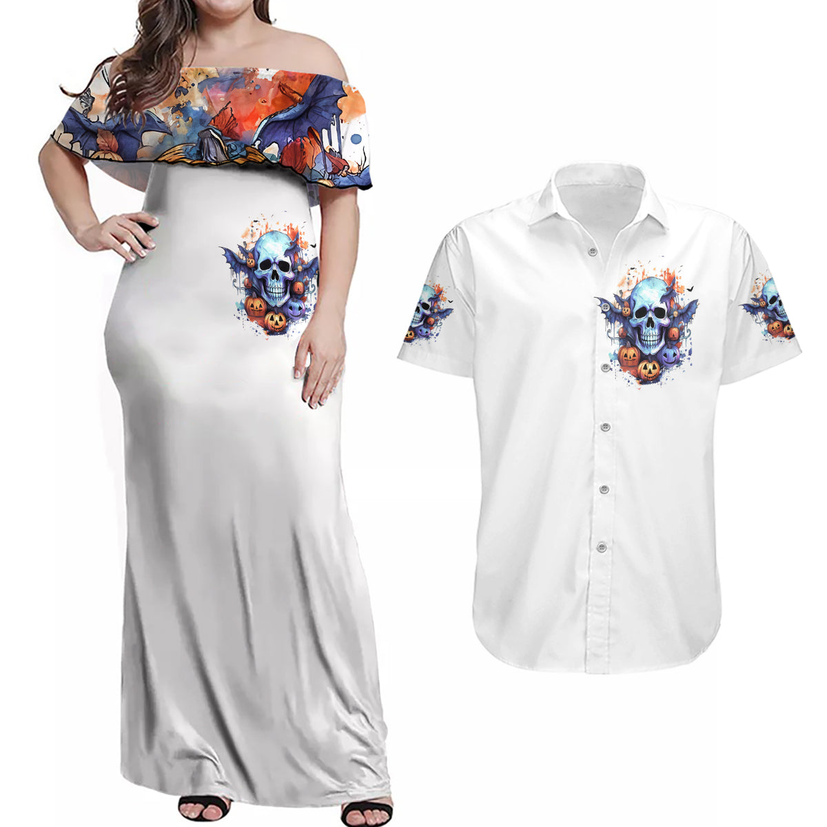 Bat Skull Couples Matching Off Shoulder Maxi Dress and Hawaiian Shirt I Talk I Smile But Be Carefull When I Silent - Wonder Print Shop