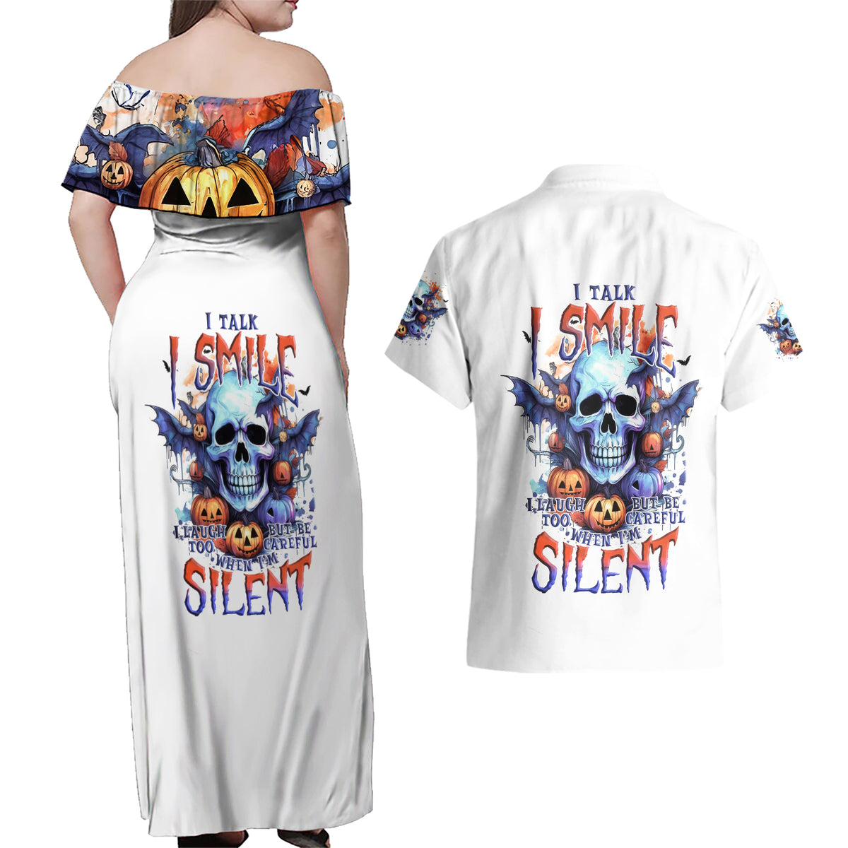 Bat Skull Couples Matching Off Shoulder Maxi Dress and Hawaiian Shirt I Talk I Smile But Be Carefull When I Silent - Wonder Print Shop