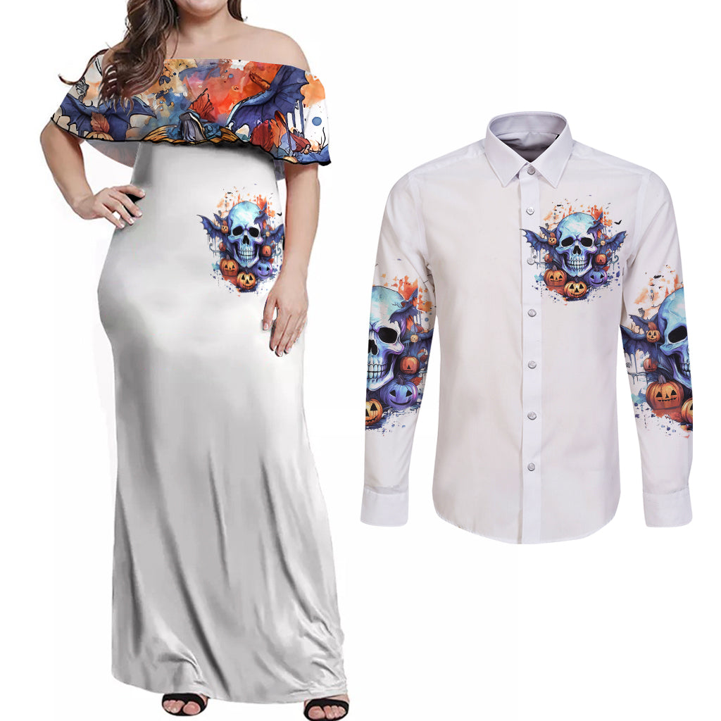 Bat Skull Couples Matching Off Shoulder Maxi Dress and Long Sleeve Button Shirt I Talk I Smile But Be Carefull When I Silent - Wonder Print Shop