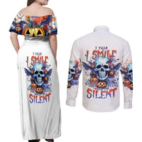 Bat Skull Couples Matching Off Shoulder Maxi Dress and Long Sleeve Button Shirt I Talk I Smile But Be Carefull When I Silent - Wonder Print Shop