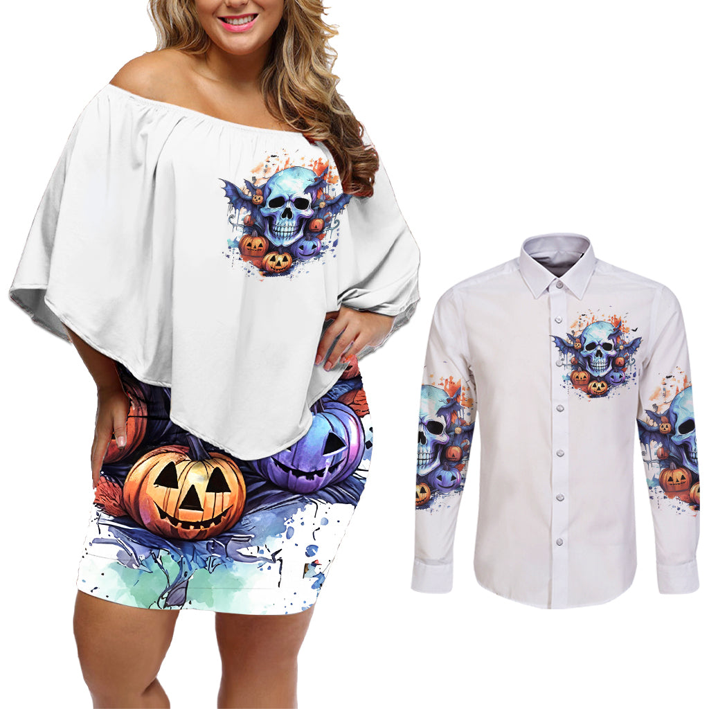 Bat Skull Couples Matching Off Shoulder Short Dress and Long Sleeve Button Shirt I Talk I Smile But Be Carefull When I Silent - Wonder Print Shop