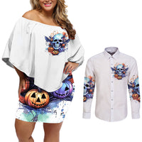 Bat Skull Couples Matching Off Shoulder Short Dress and Long Sleeve Button Shirt I Talk I Smile But Be Carefull When I Silent - Wonder Print Shop