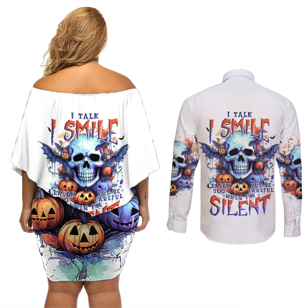 Bat Skull Couples Matching Off Shoulder Short Dress and Long Sleeve Button Shirt I Talk I Smile But Be Carefull When I Silent - Wonder Print Shop